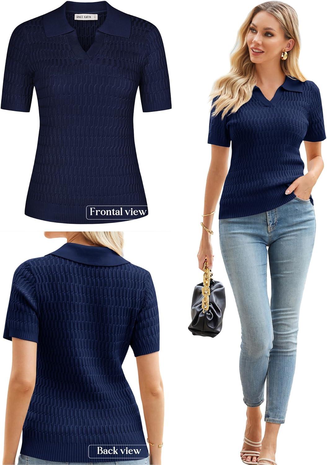 imageGRACE KARIN Womens Short Sleeve Polo Sweater V Neck Casual Sweaters Tops 2026 Summer Lightweight Knit Pullover ShirtNavy Blue