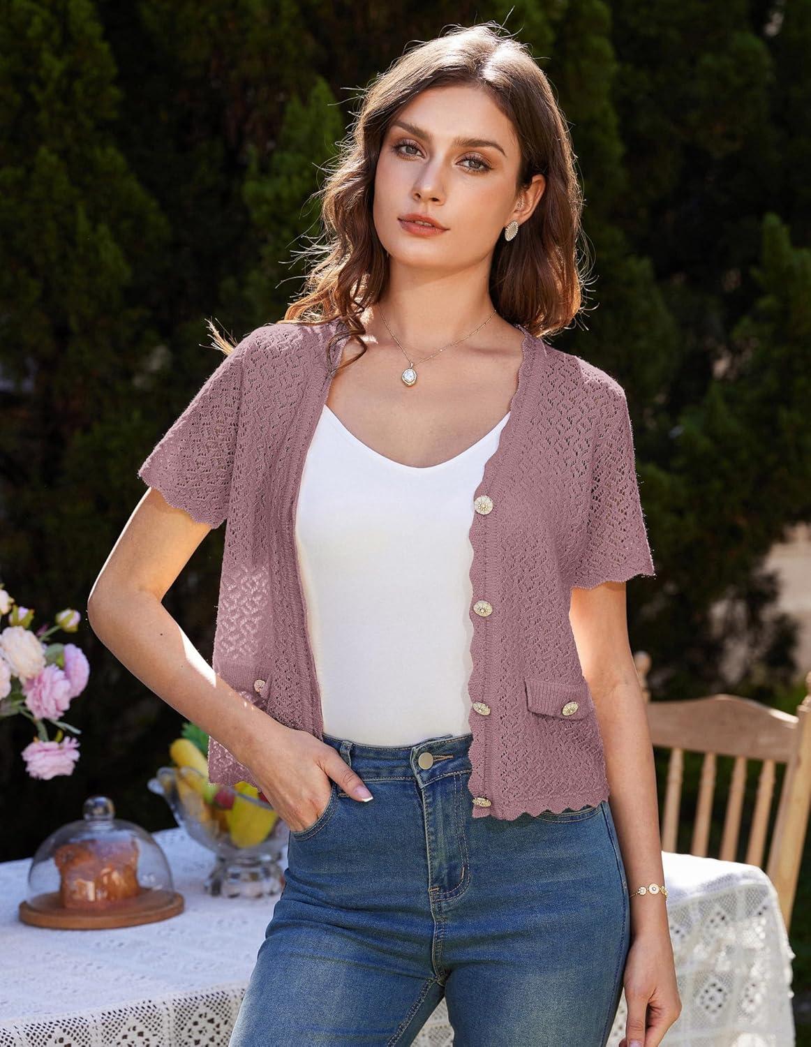 imageWomens 2026 Cropped Cardigan Short Sleeve Lightweight Crochet Shrug HollowedOut Knit Sweater TopsGrey Purple