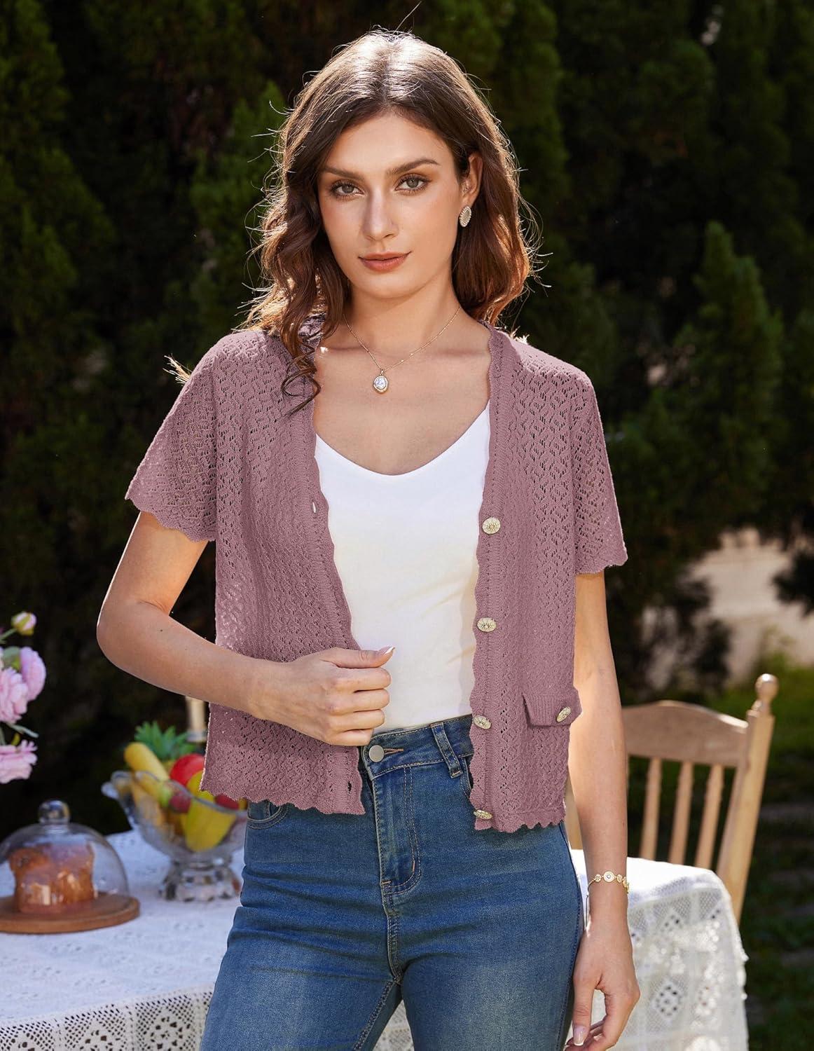 imageWomens 2026 Cropped Cardigan Short Sleeve Lightweight Crochet Shrug HollowedOut Knit Sweater TopsGrey Purple
