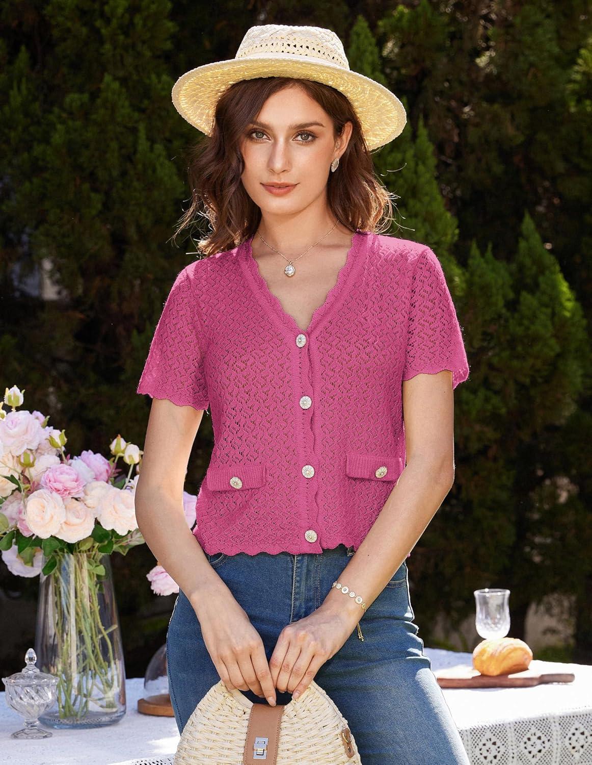 imageWomens 2026 Cropped Cardigan Short Sleeve Lightweight Crochet Shrug HollowedOut Knit Sweater TopsRose Red