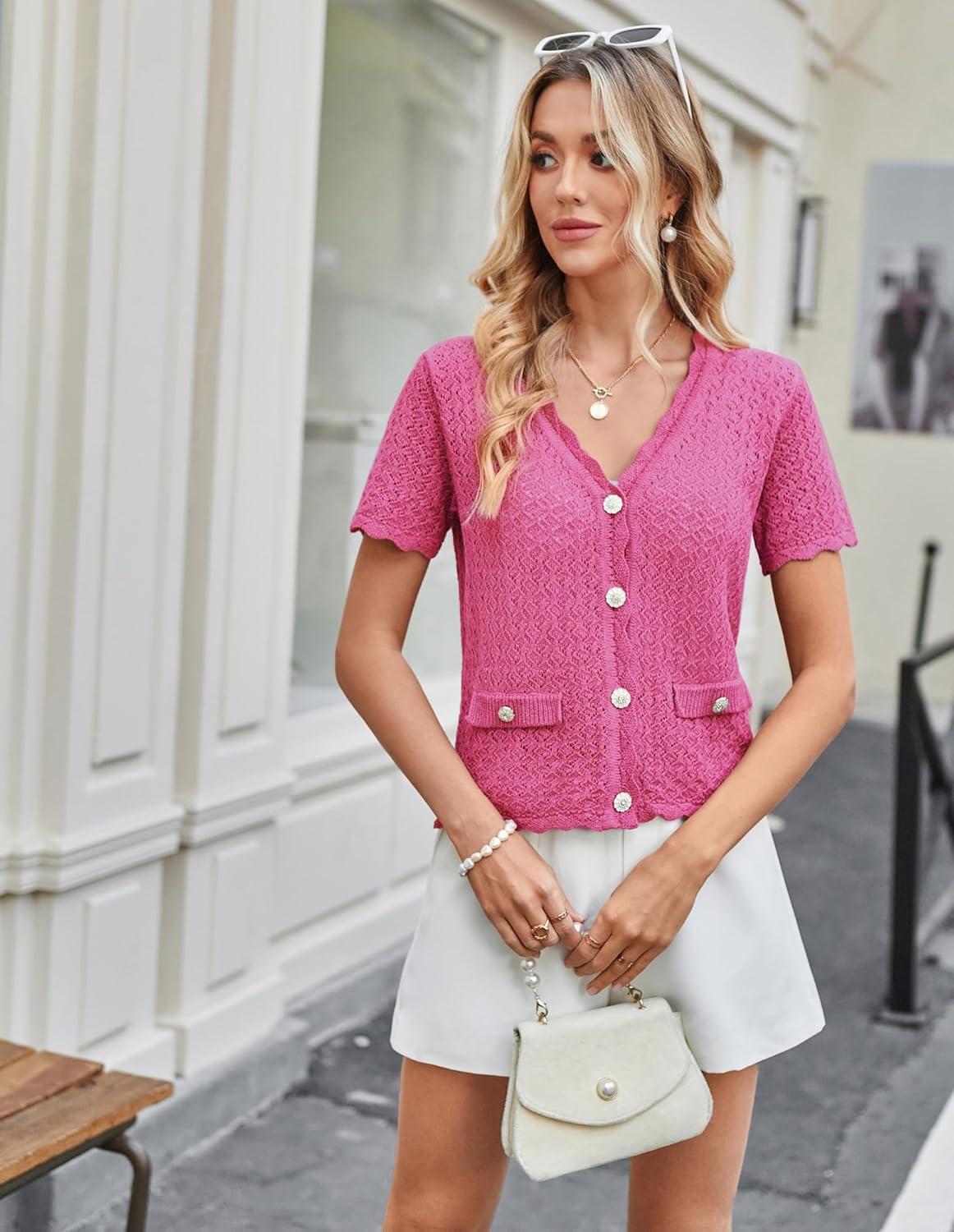 imageWomens 2026 Cropped Cardigan Short Sleeve Lightweight Crochet Shrug HollowedOut Knit Sweater TopsRose Red