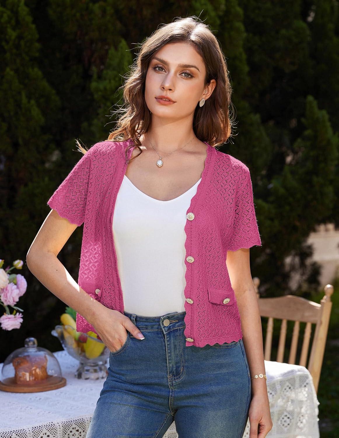 imageWomens 2026 Cropped Cardigan Short Sleeve Lightweight Crochet Shrug HollowedOut Knit Sweater TopsRose Red