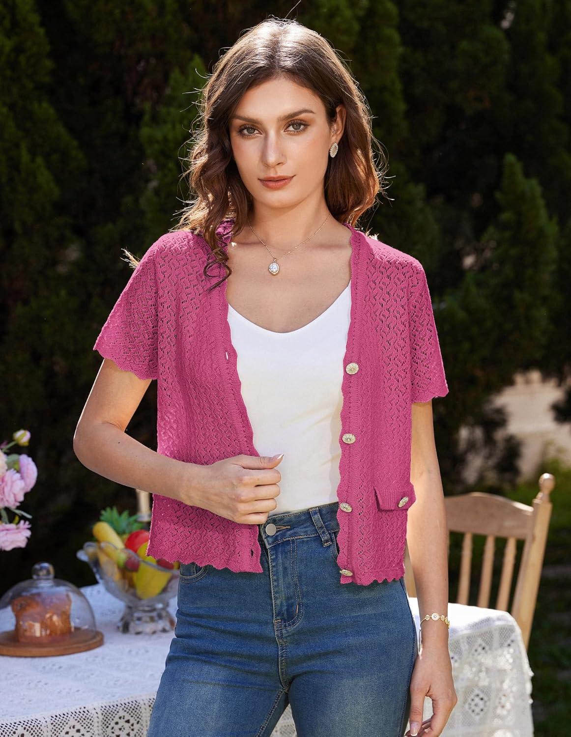 imageWomens 2026 Cropped Cardigan Short Sleeve Lightweight Crochet Shrug HollowedOut Knit Sweater TopsRose Red
