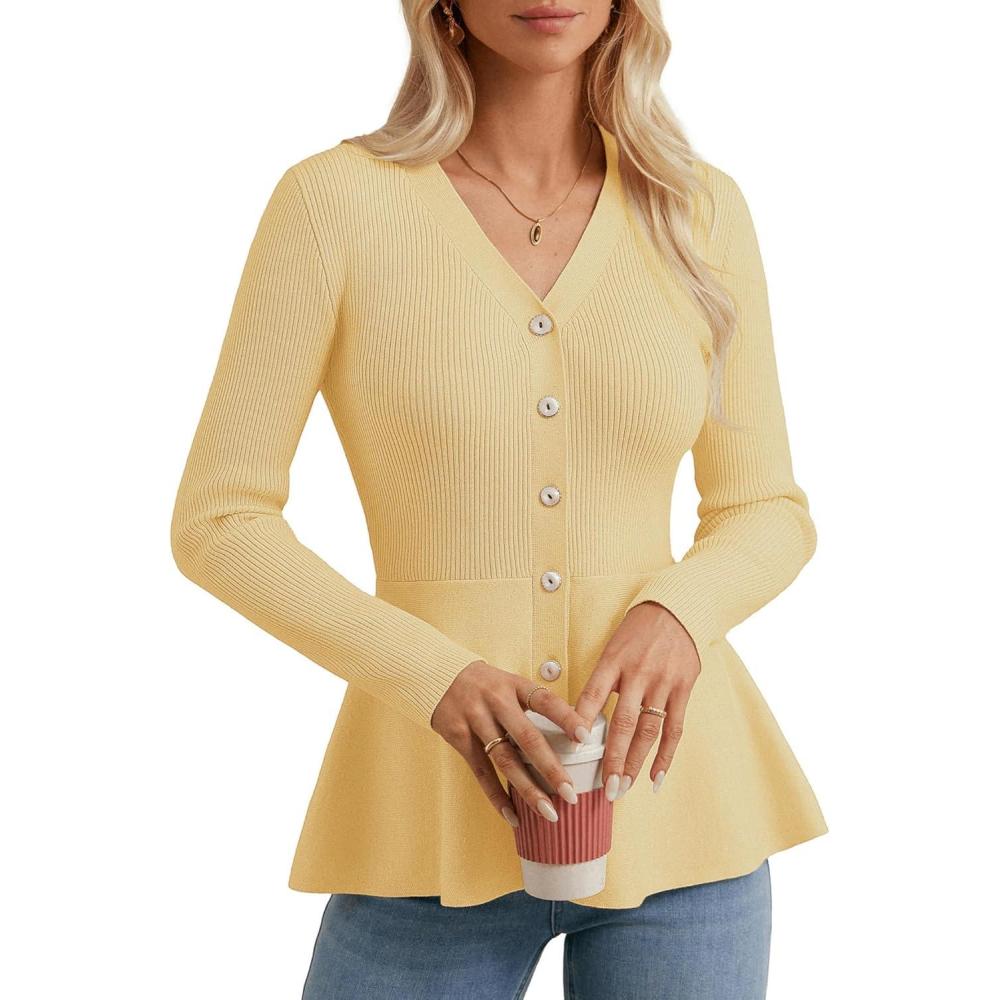 imageGRACE KARIN Long Sleeve Cardigan Sweaters for Women Button Up Knit Blazer Lightweight Business Casual Peplum TopsButter Yellow