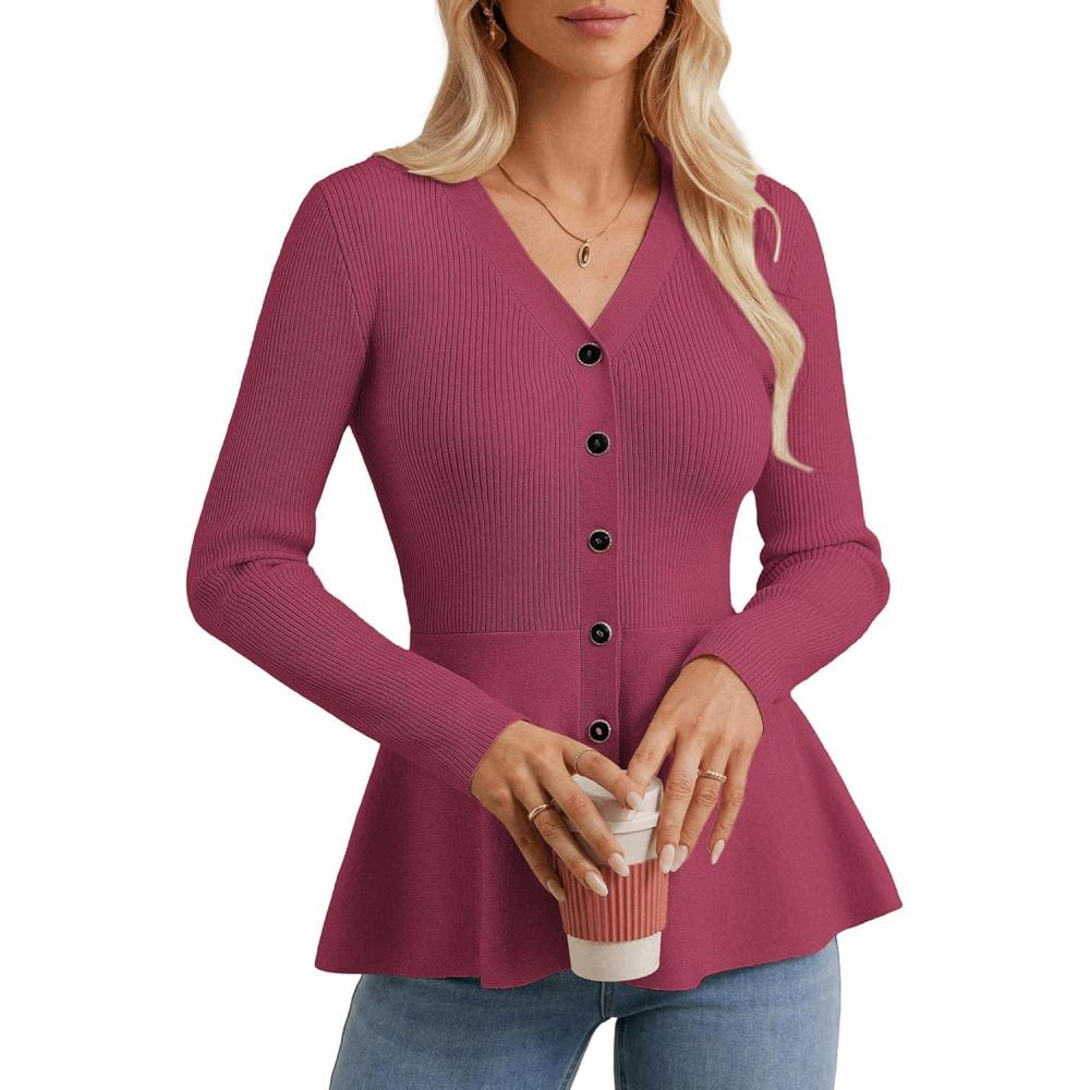imageGRACE KARIN Long Sleeve Cardigan Sweaters for Women Button Up Knit Blazer Lightweight Business Casual Peplum TopsDark Rose Red