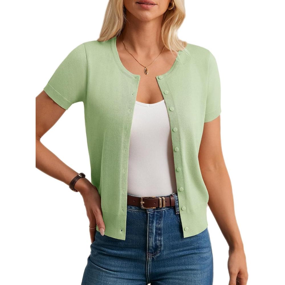 imageGRACE KARIN Short Sleeve Cardigan Summer Button up Sweaters for Women Lightweight Crew Neck Casual OutfitsLight Green