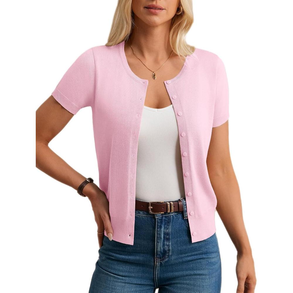 imageGRACE KARIN Short Sleeve Cardigan Summer Button up Sweaters for Women Lightweight Crew Neck Casual OutfitsLight Pink