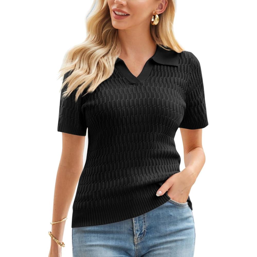 imageGRACE KARIN Womens Short Sleeve Polo Sweater V Neck Casual Sweaters Tops 2026 Summer Lightweight Knit Pullover ShirtBlack