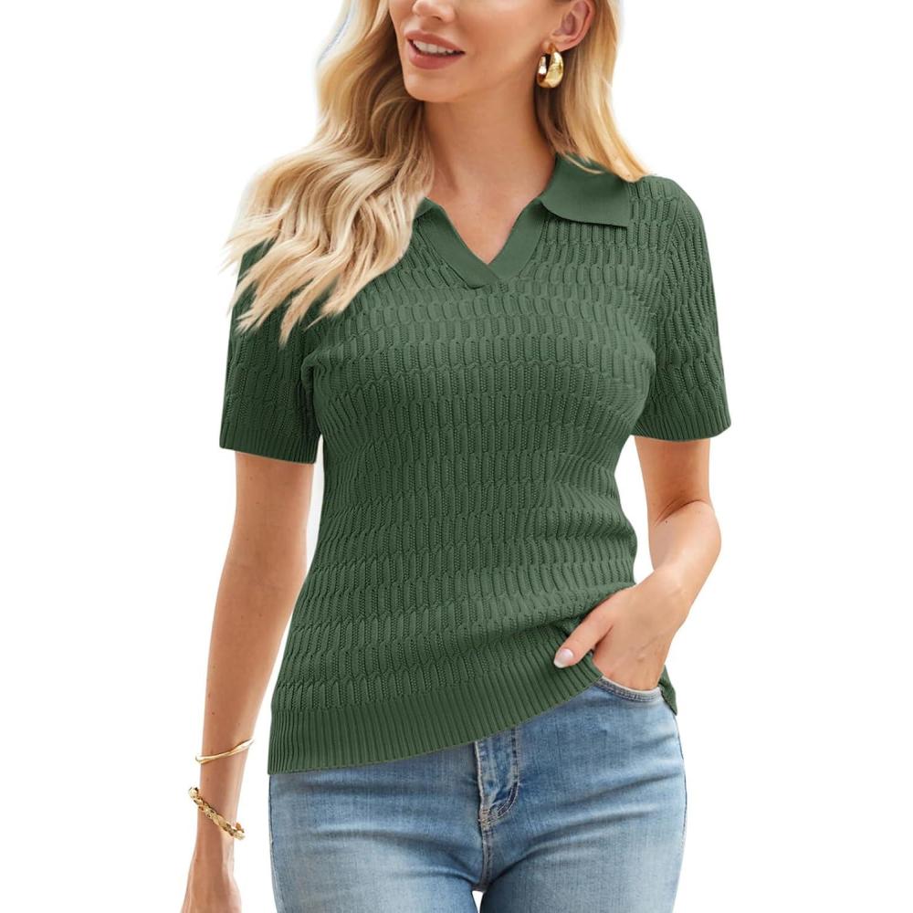 imageGRACE KARIN Womens Short Sleeve Polo Sweater V Neck Casual Sweaters Tops 2026 Summer Lightweight Knit Pullover ShirtGreen