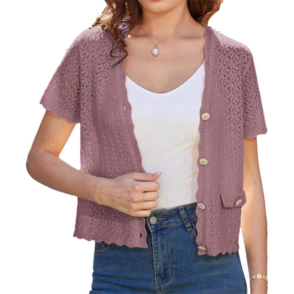 imageWomens 2026 Cropped Cardigan Short Sleeve Lightweight Crochet Shrug HollowedOut Knit Sweater TopsGrey Purple