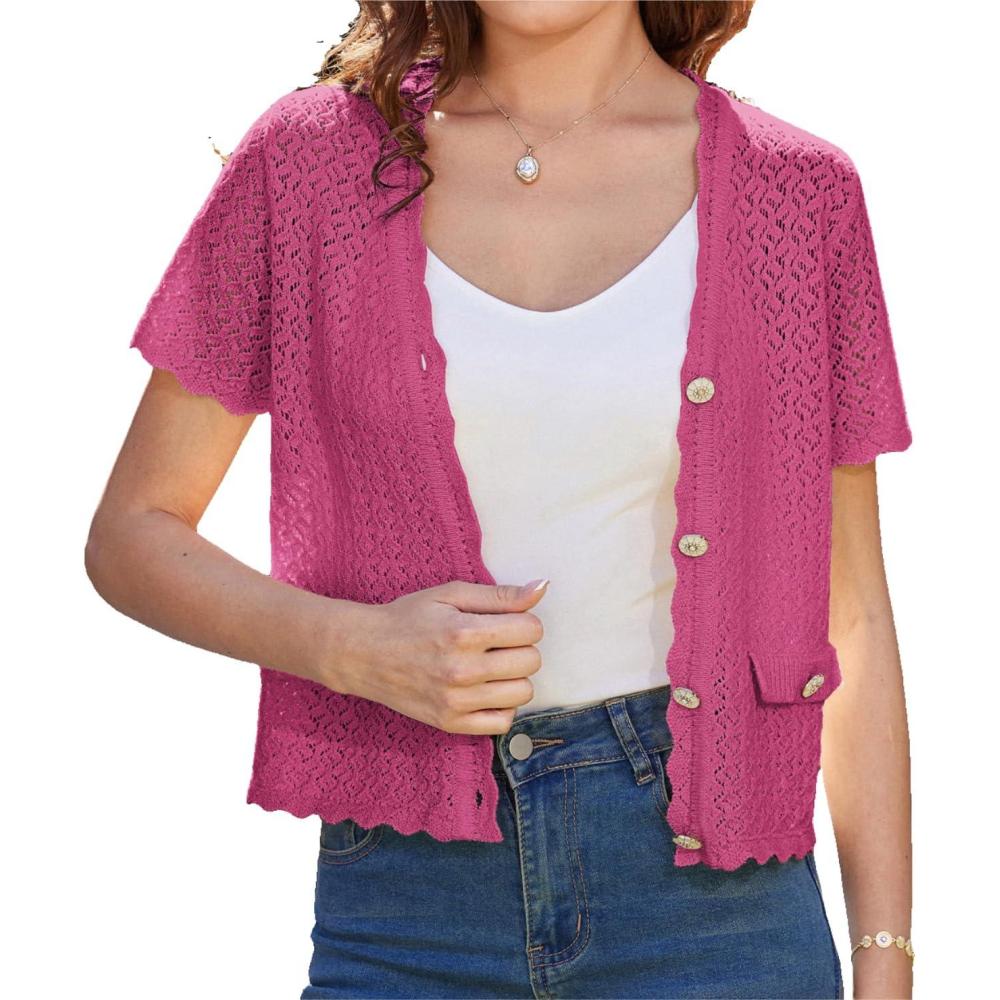 imageWomens 2026 Cropped Cardigan Short Sleeve Lightweight Crochet Shrug HollowedOut Knit Sweater TopsRose Red