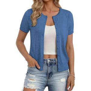 GRACE KARIN Short Sleeve Cardigan Summer Button up Sweaters for Women Lightweight Crew Neck Casual Outfits(Blue)