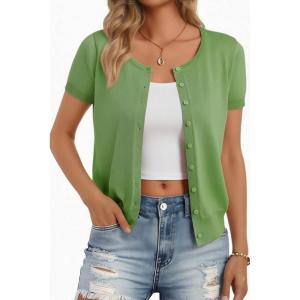 GRACE KARIN Short Sleeve Cardigan Summer Button up Sweaters for Women Lightweight Crew Neck Casual Outfits(Forest Green)