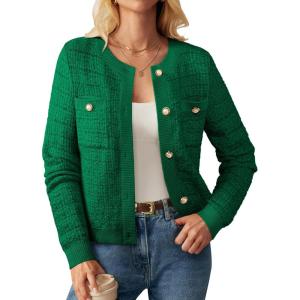 GRACE KARIN Womens Open Front Button Down Long Sleeve Texture Knit Cardigan Sweaters with Pockets(Green)