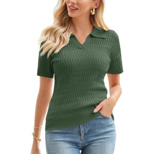 GRACE KARIN Women’s Short Sleeve Polo Sweater V Neck Casual Sweaters Tops 2026 Summer Lightweight Knit Pullover Shirt(Green)