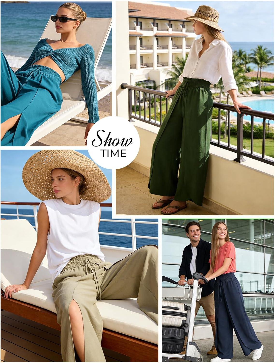 imageGRACE KARIN Womens Wide Leg Summer Pants Flowy Side Split Palazzo Beach Pants Boho Drawstring High Waisted TrousersKhaki