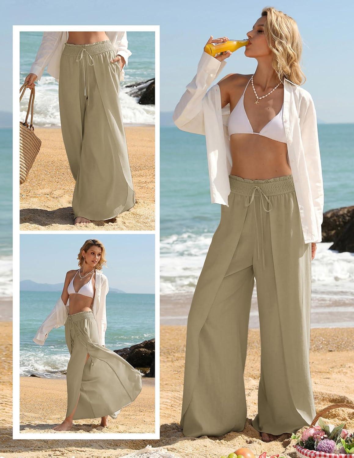 imageGRACE KARIN Womens Wide Leg Summer Pants Flowy Side Split Palazzo Beach Pants Boho Drawstring High Waisted TrousersKhaki