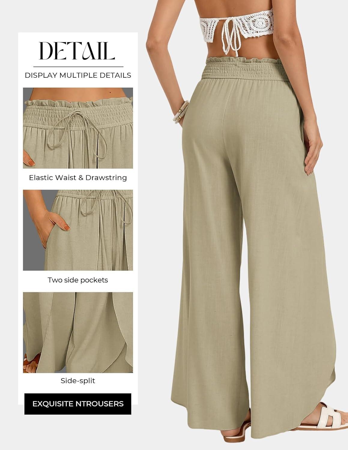 imageGRACE KARIN Womens Wide Leg Summer Pants Flowy Side Split Palazzo Beach Pants Boho Drawstring High Waisted TrousersKhaki