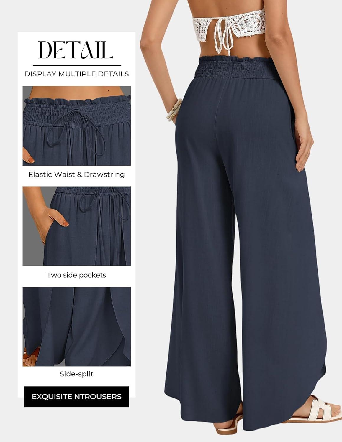 imageGRACE KARIN Womens Wide Leg Summer Pants Flowy Side Split Palazzo Beach Pants Boho Drawstring High Waisted TrousersNavy Blue