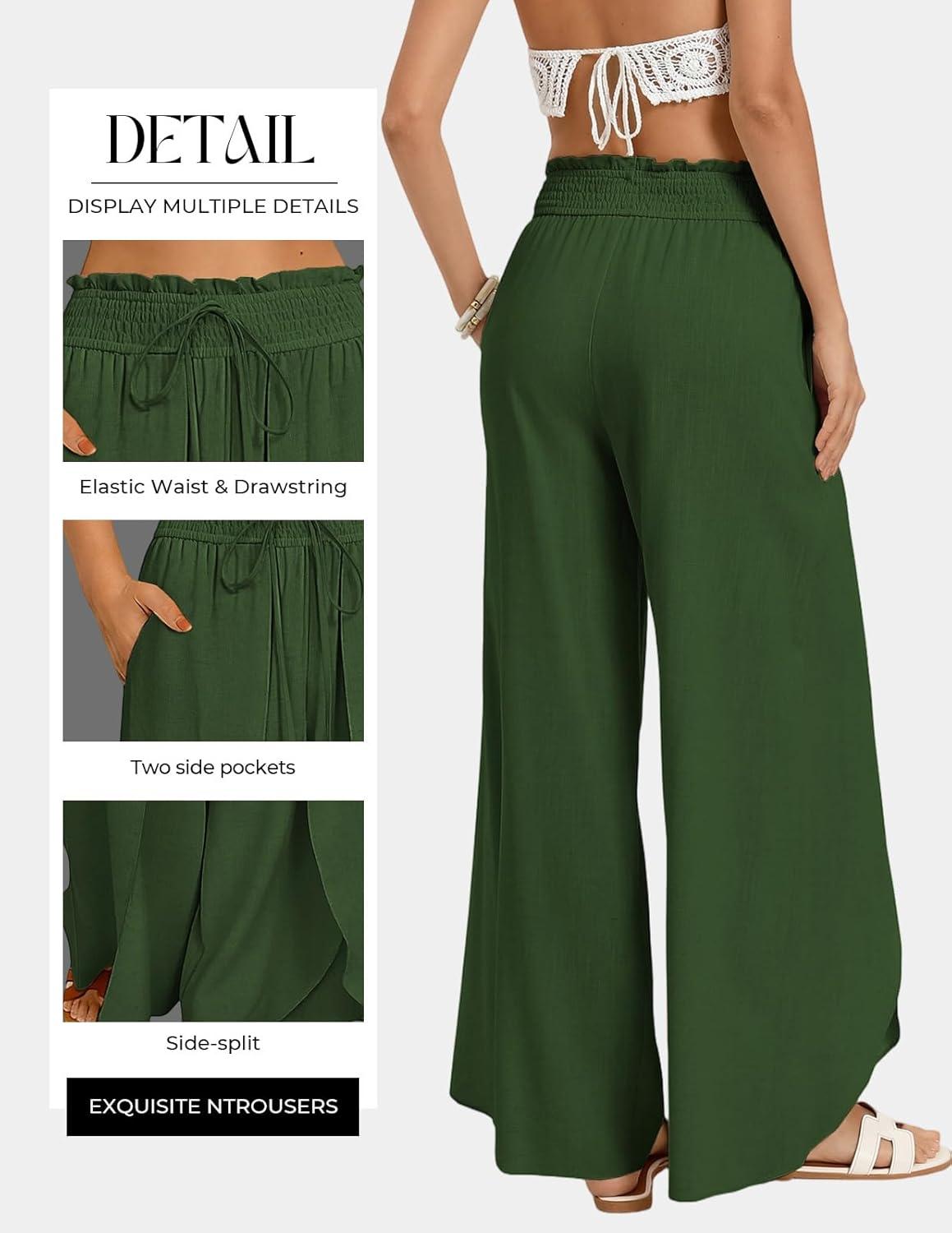 imageGRACE KARIN Womens Wide Leg Summer Pants Flowy Side Split Palazzo Beach Pants Boho Drawstring High Waisted TrousersOlive Green