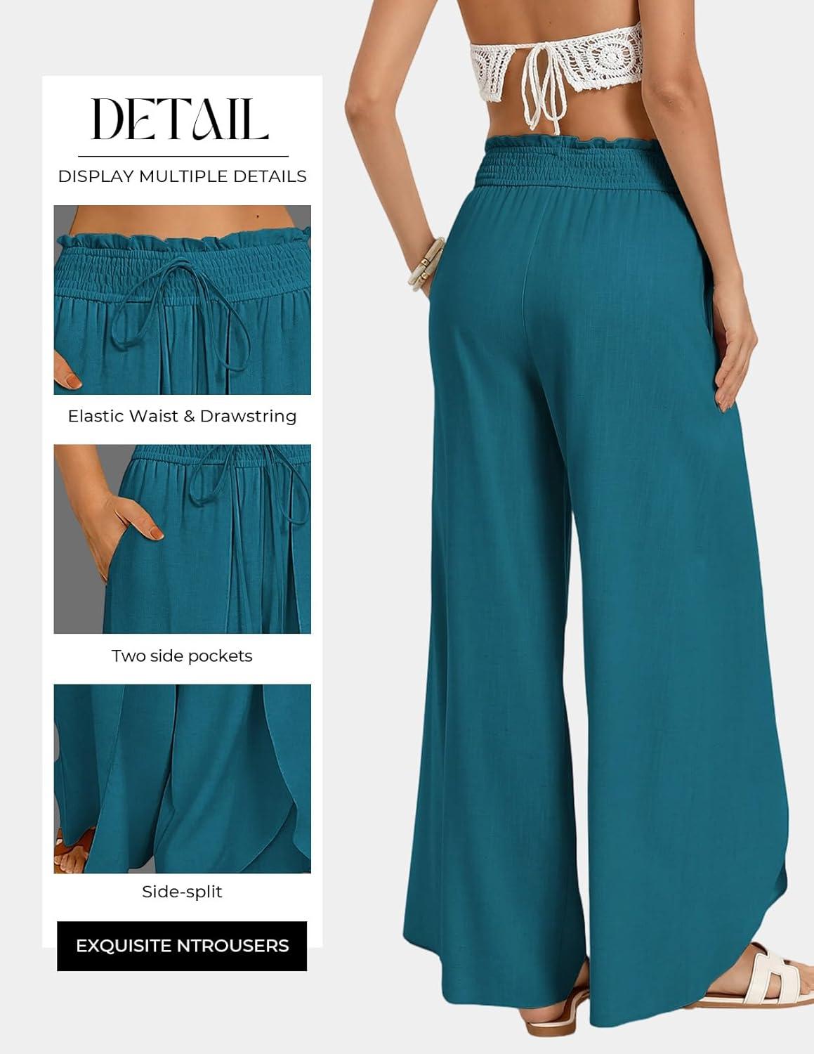 imageGRACE KARIN Womens Wide Leg Summer Pants Flowy Side Split Palazzo Beach Pants Boho Drawstring High Waisted TrousersPeacock Blue