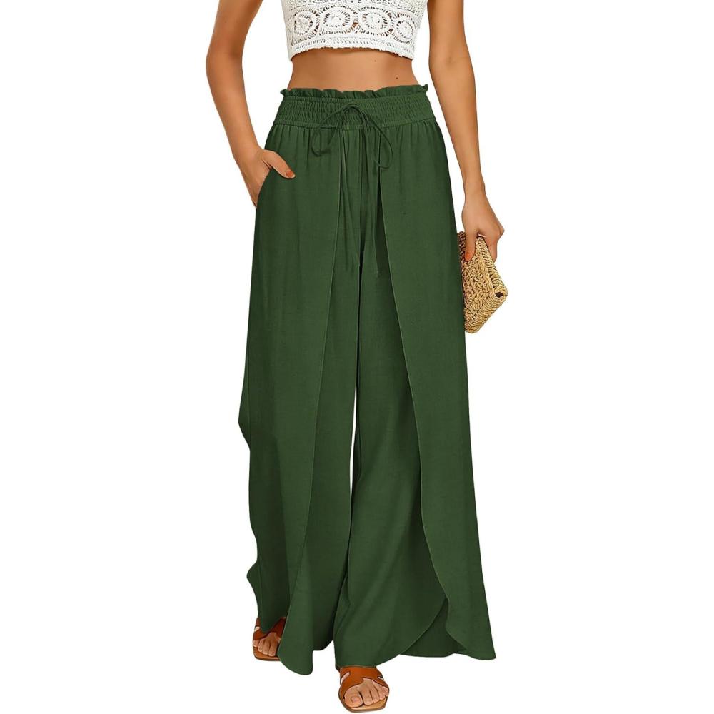 imageGRACE KARIN Womens Wide Leg Summer Pants Flowy Side Split Palazzo Beach Pants Boho Drawstring High Waisted TrousersOlive Green