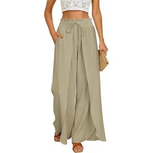 GRACE KARIN Womens Wide Leg Summer Pants Flowy Side Split Palazzo Beach Pants Boho Drawstring High Waisted Trousers(Khaki)