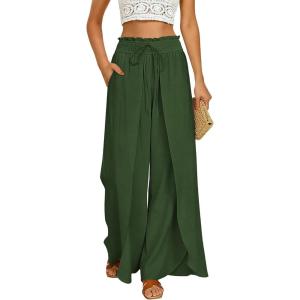 GRACE KARIN Womens Wide Leg Summer Pants Flowy Side Split Palazzo Beach Pants Boho Drawstring High Waisted Trousers(Olive Green)