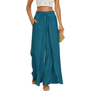 GRACE KARIN Womens Wide Leg Summer Pants Flowy Side Split Palazzo Beach Pants Boho Drawstring High Waisted Trousers(Peacock Blue)