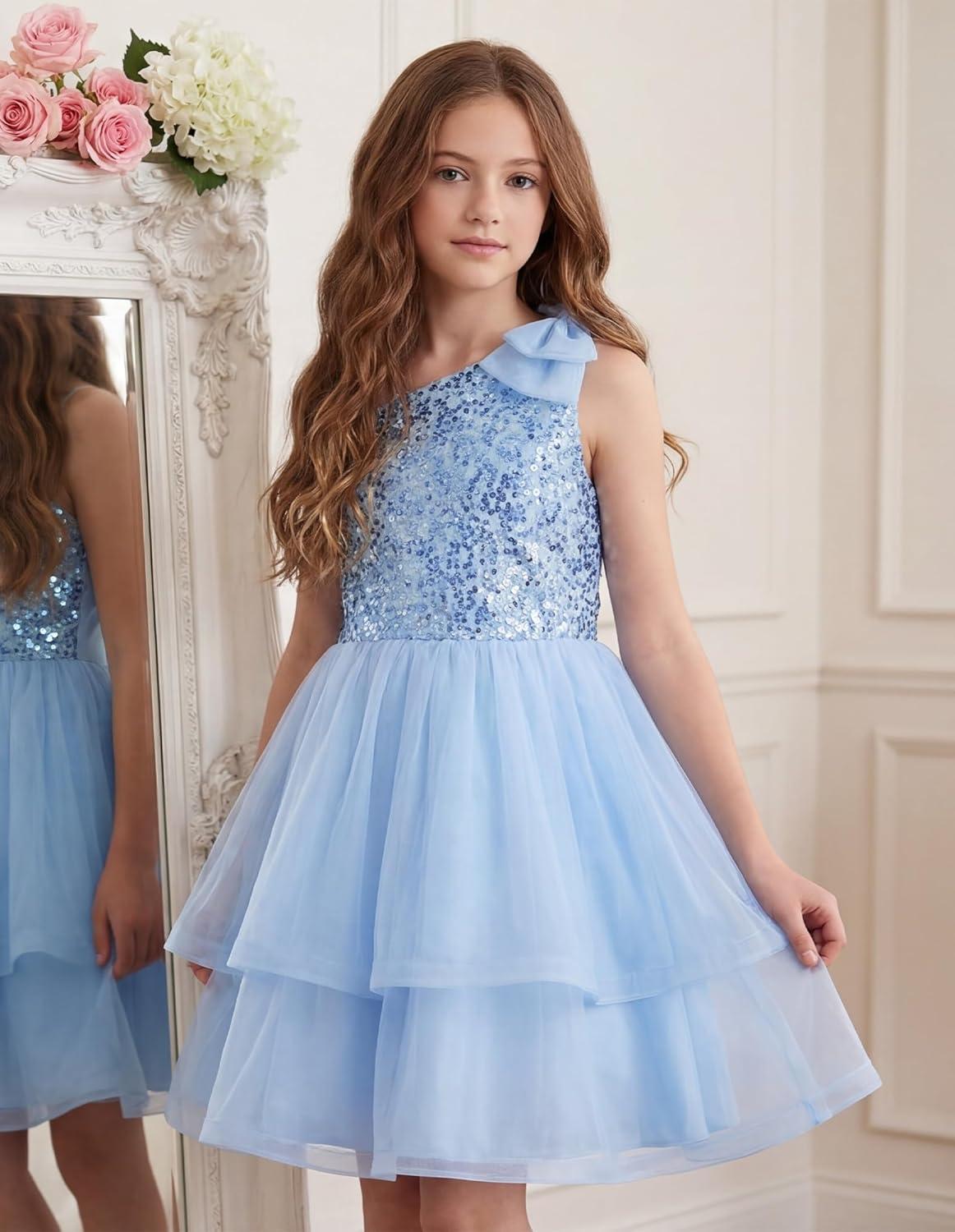imageGRACE KARIN Girls Party Sequin Formal Dress 714Y Birthday Dance Graduation Sparkly Pageant Dresses Wedding Flower Girl DressLight Blue