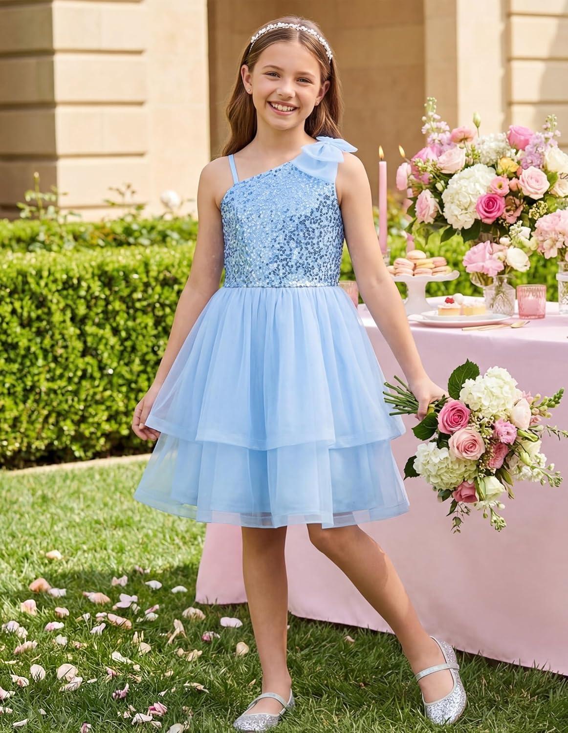 imageGRACE KARIN Girls Party Sequin Formal Dress 714Y Birthday Dance Graduation Sparkly Pageant Dresses Wedding Flower Girl DressLight Blue