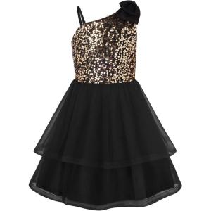 GRACE KARIN Girls Party Sequin Formal Dress 7-14Y Birthday Dance Graduation Sparkly Pageant Dresses Wedding Flower Girl Dress(Black Gold)