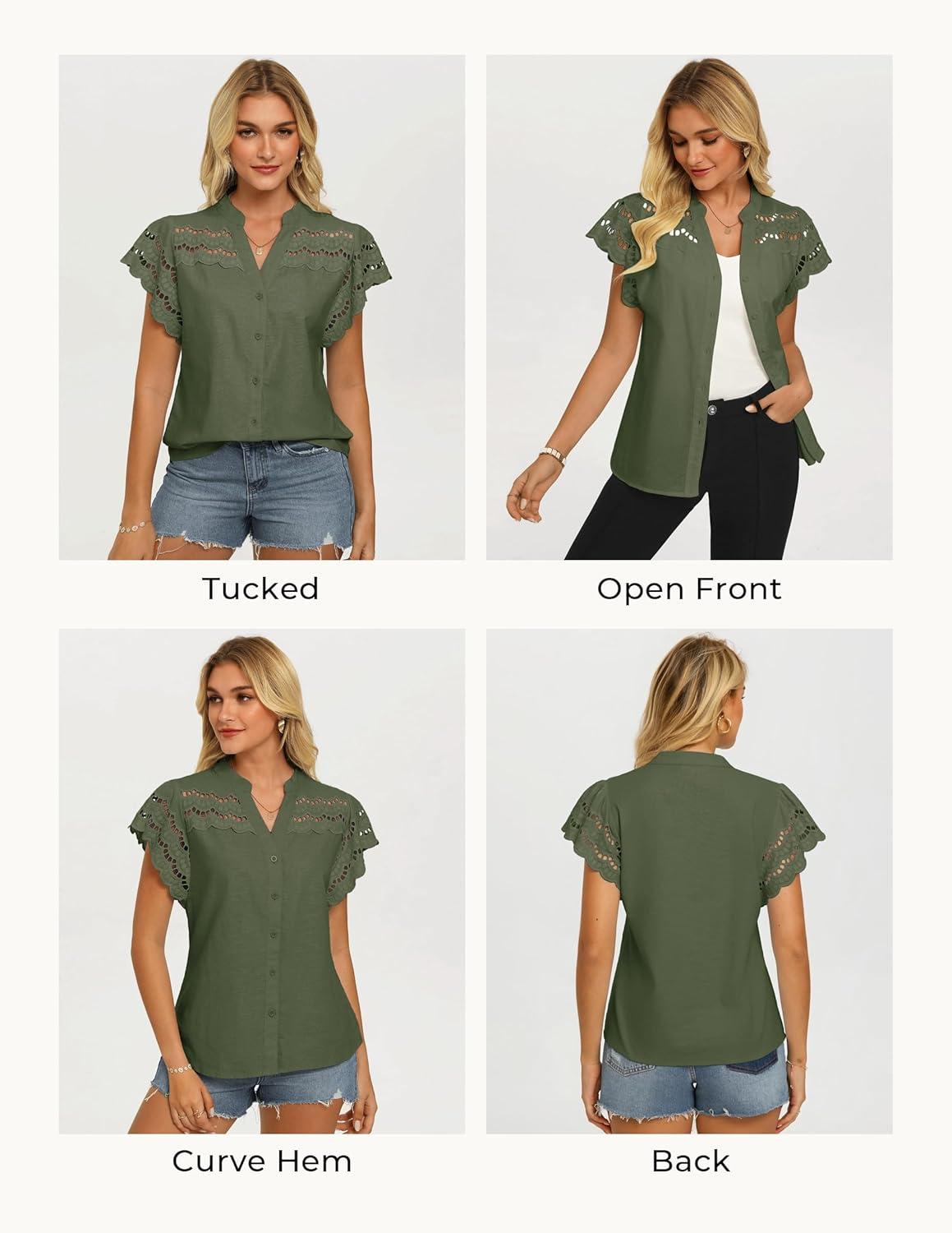 imageGRACE KARIN Womens Summer Tops Cotton Linen Eyelet Flowy Blouses Beach Vacation V Neck Button Down Shirts Trendy Clothes 2026Army Green