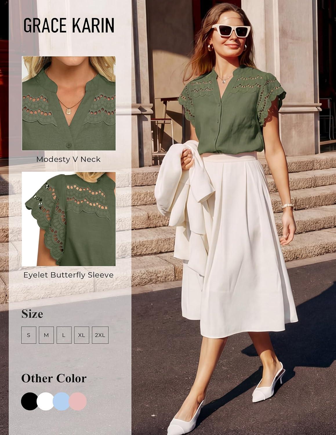 imageGRACE KARIN Womens Summer Tops Cotton Linen Eyelet Flowy Blouses Beach Vacation V Neck Button Down Shirts Trendy Clothes 2026Army Green