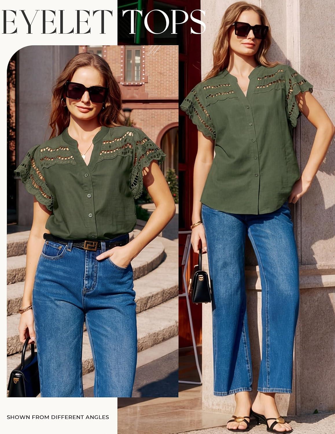 imageGRACE KARIN Womens Summer Tops Cotton Linen Eyelet Flowy Blouses Beach Vacation V Neck Button Down Shirts Trendy Clothes 2026Army Green