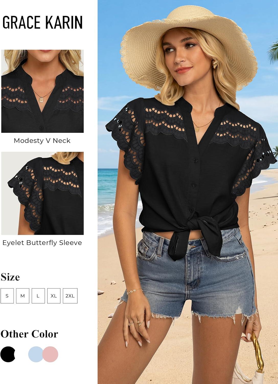 imageGRACE KARIN Womens Summer Tops Cotton Linen Eyelet Flowy Blouses Beach Vacation V Neck Button Down Shirts Trendy Clothes 2026Black