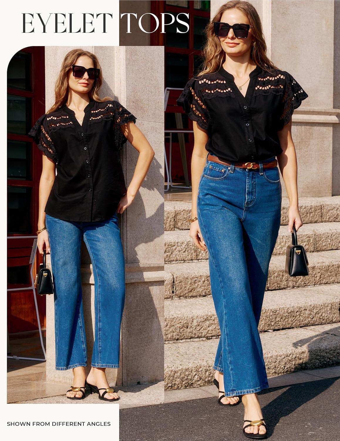 imageGRACE KARIN Womens Summer Tops Cotton Linen Eyelet Flowy Blouses Beach Vacation V Neck Button Down Shirts Trendy Clothes 2026Black