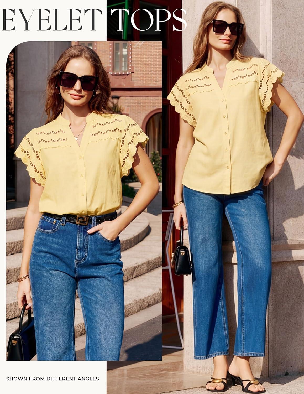 imageGRACE KARIN Womens Summer Tops Cotton Linen Eyelet Flowy Blouses Beach Vacation V Neck Button Down Shirts Trendy Clothes 2026Butter Yellow