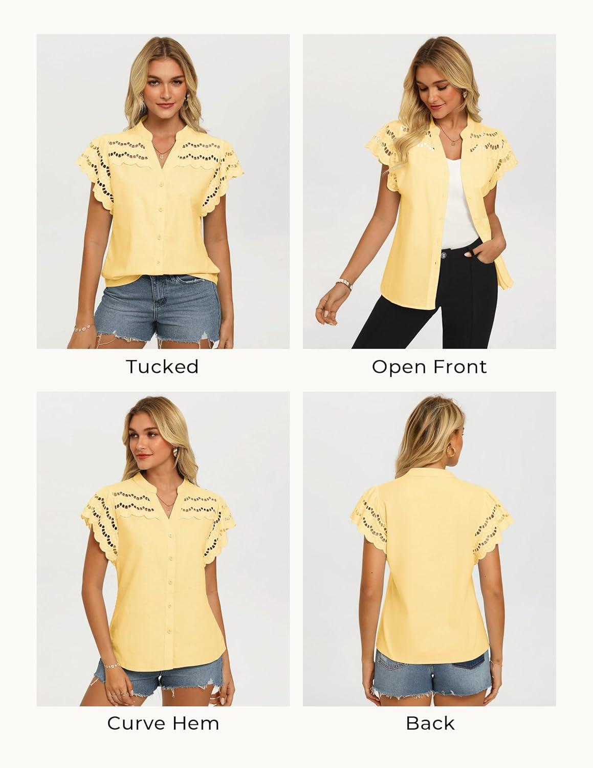 imageGRACE KARIN Womens Summer Tops Cotton Linen Eyelet Flowy Blouses Beach Vacation V Neck Button Down Shirts Trendy Clothes 2026Butter Yellow