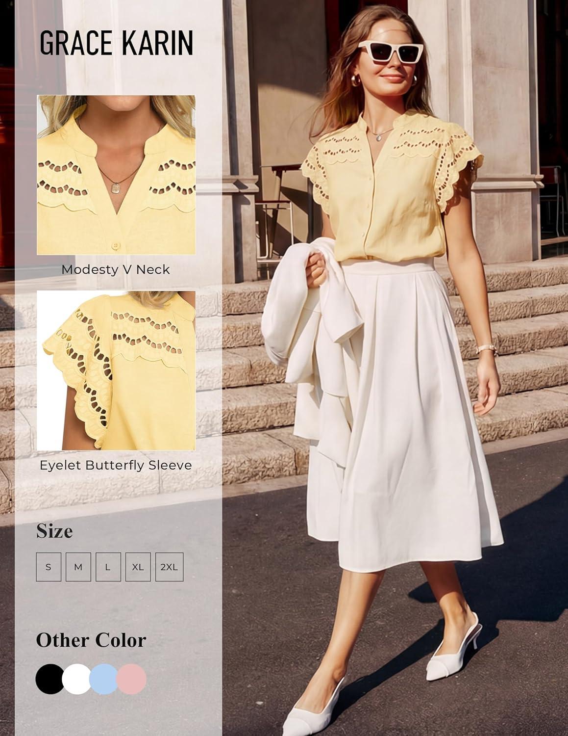imageGRACE KARIN Womens Summer Tops Cotton Linen Eyelet Flowy Blouses Beach Vacation V Neck Button Down Shirts Trendy Clothes 2026Butter Yellow