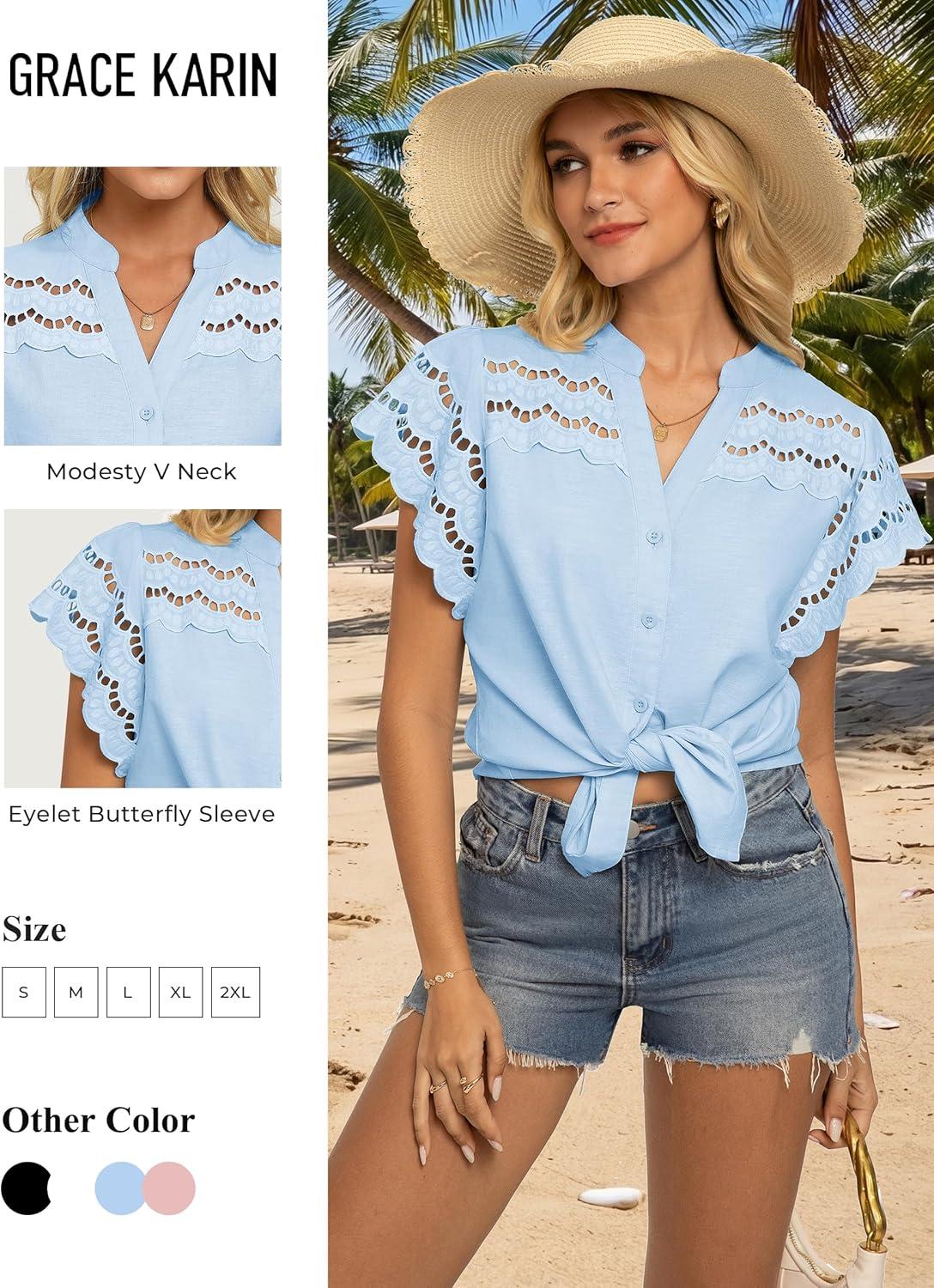 imageGRACE KARIN Womens Summer Tops Cotton Linen Eyelet Flowy Blouses Beach Vacation V Neck Button Down Shirts Trendy Clothes 2026Light Blue