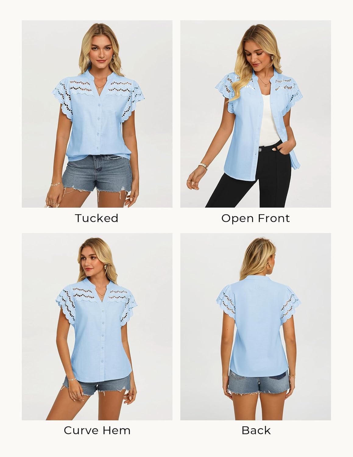 imageGRACE KARIN Womens Summer Tops Cotton Linen Eyelet Flowy Blouses Beach Vacation V Neck Button Down Shirts Trendy Clothes 2026Light Blue