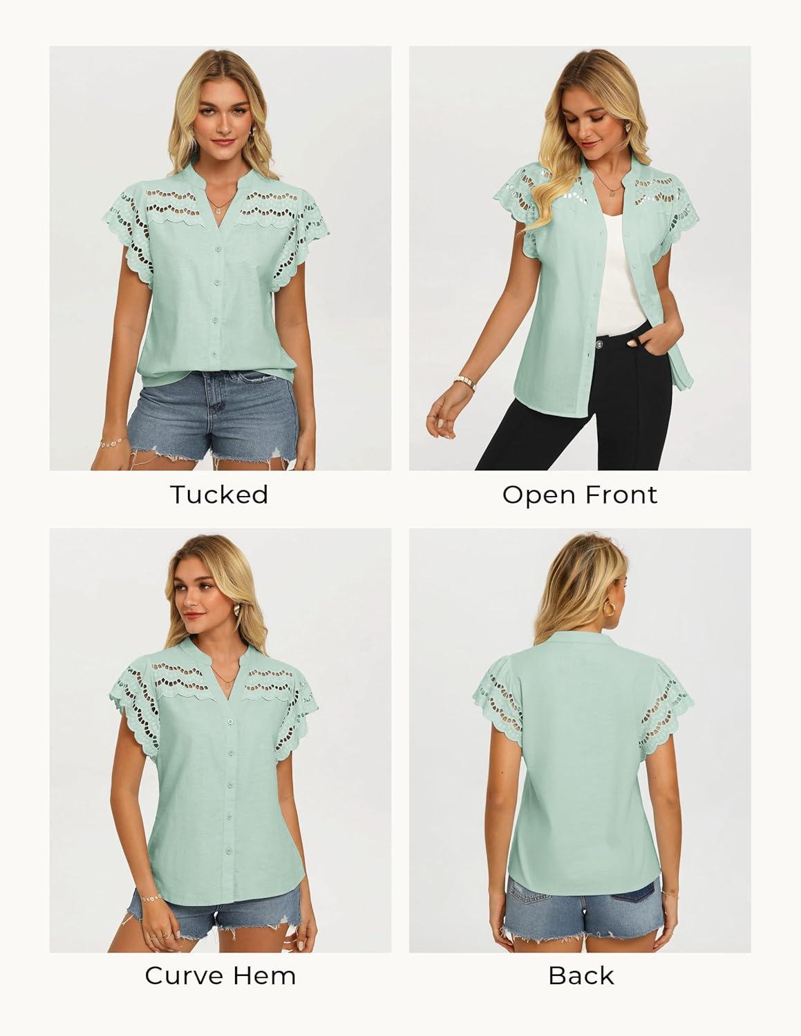 imageGRACE KARIN Womens Summer Tops Cotton Linen Eyelet Flowy Blouses Beach Vacation V Neck Button Down Shirts Trendy Clothes 2026Light Green