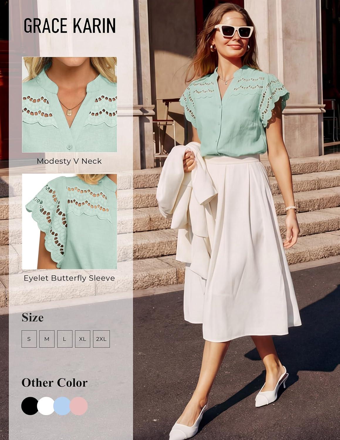 imageGRACE KARIN Womens Summer Tops Cotton Linen Eyelet Flowy Blouses Beach Vacation V Neck Button Down Shirts Trendy Clothes 2026Light Green