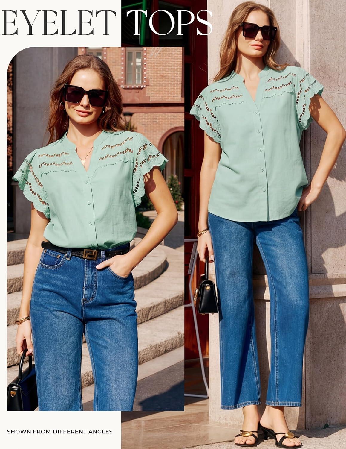 imageGRACE KARIN Womens Summer Tops Cotton Linen Eyelet Flowy Blouses Beach Vacation V Neck Button Down Shirts Trendy Clothes 2026Light Green