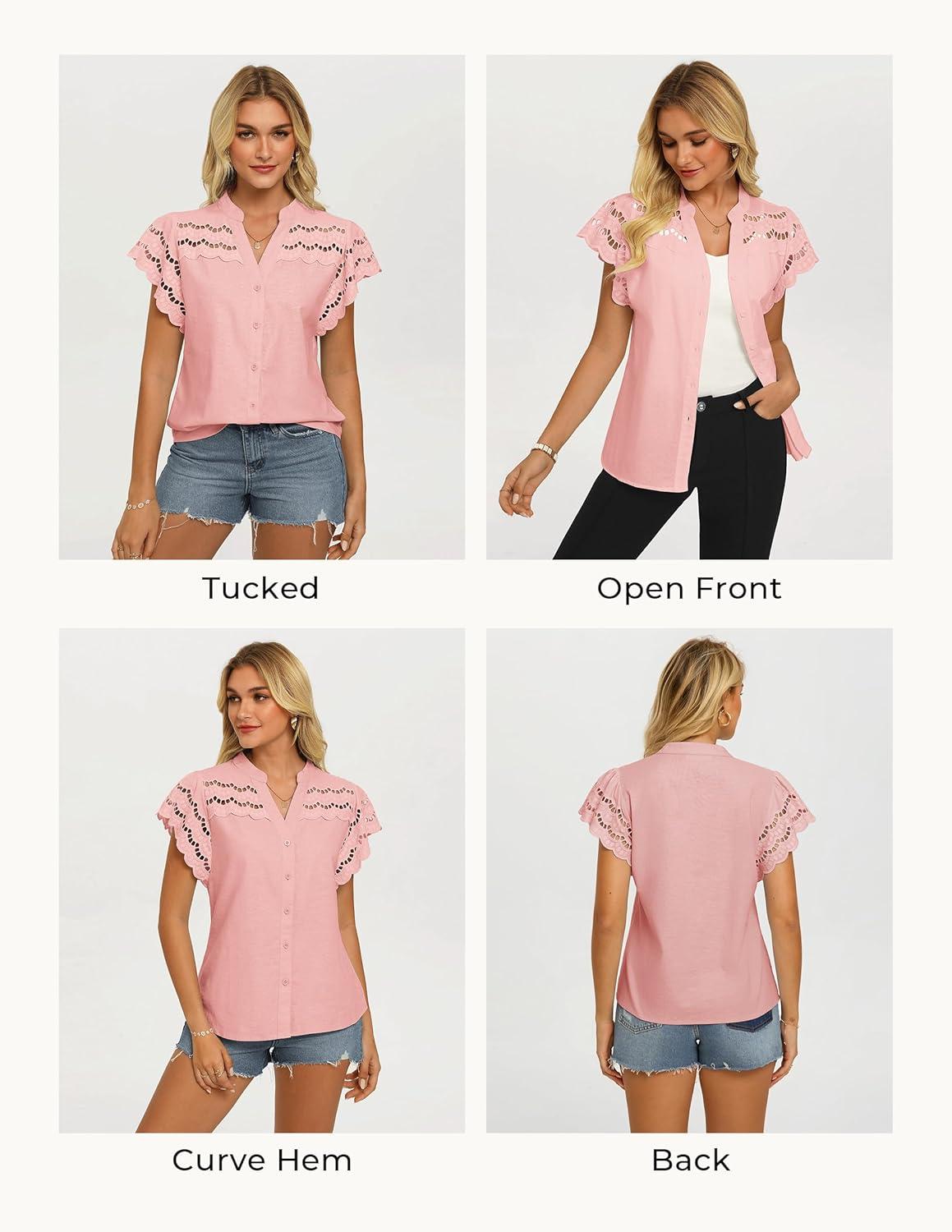 imageGRACE KARIN Womens Summer Tops Cotton Linen Eyelet Flowy Blouses Beach Vacation V Neck Button Down Shirts Trendy Clothes 2026Light Pink