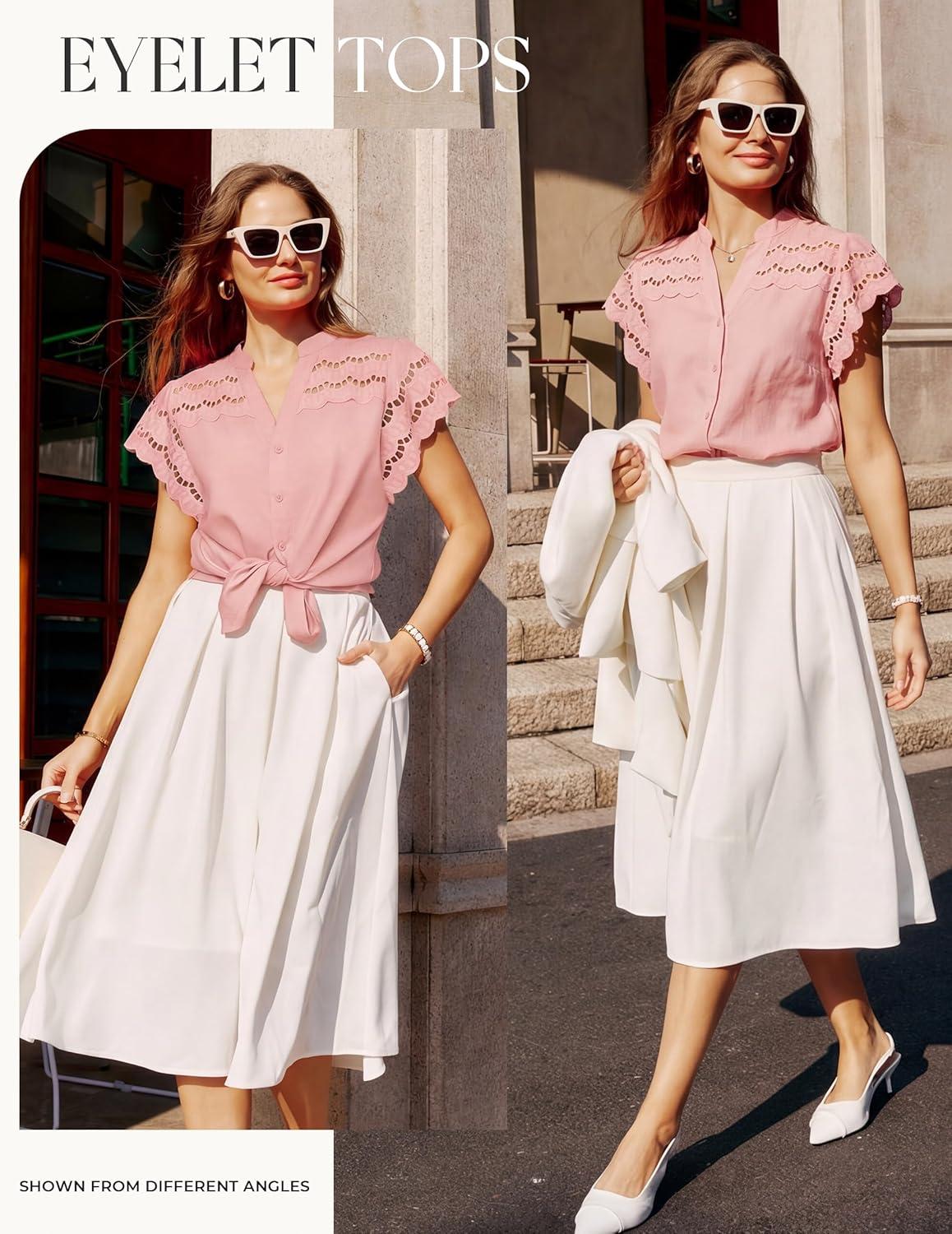 imageGRACE KARIN Womens Summer Tops Cotton Linen Eyelet Flowy Blouses Beach Vacation V Neck Button Down Shirts Trendy Clothes 2026Light Pink