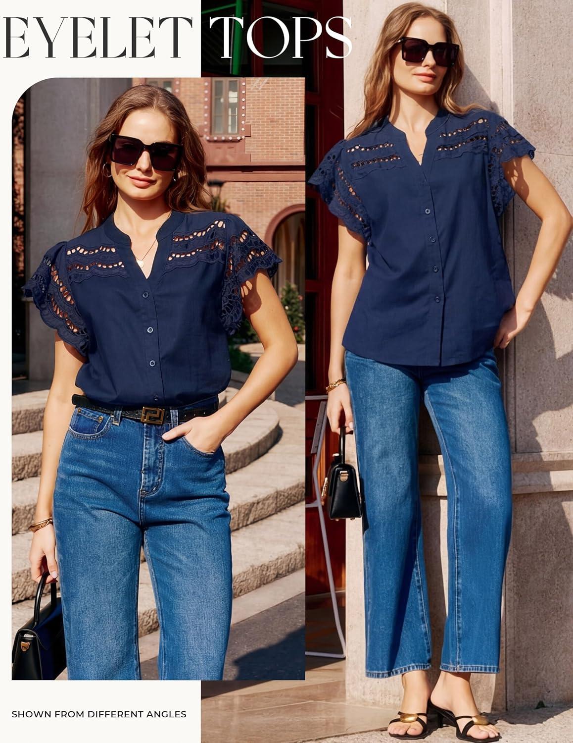 imageGRACE KARIN Womens Summer Tops Cotton Linen Eyelet Flowy Blouses Beach Vacation V Neck Button Down Shirts Trendy Clothes 2026Navy Blue