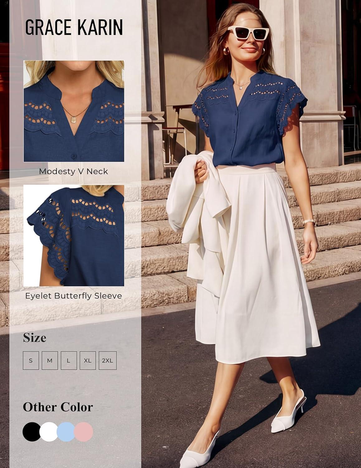imageGRACE KARIN Womens Summer Tops Cotton Linen Eyelet Flowy Blouses Beach Vacation V Neck Button Down Shirts Trendy Clothes 2026Navy Blue