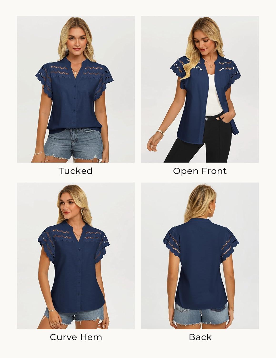 imageGRACE KARIN Womens Summer Tops Cotton Linen Eyelet Flowy Blouses Beach Vacation V Neck Button Down Shirts Trendy Clothes 2026Navy Blue